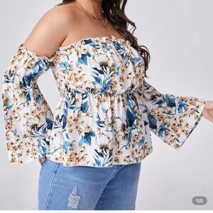 SHEIN Blue and Cream Floral Off-Shoulder Blouse
